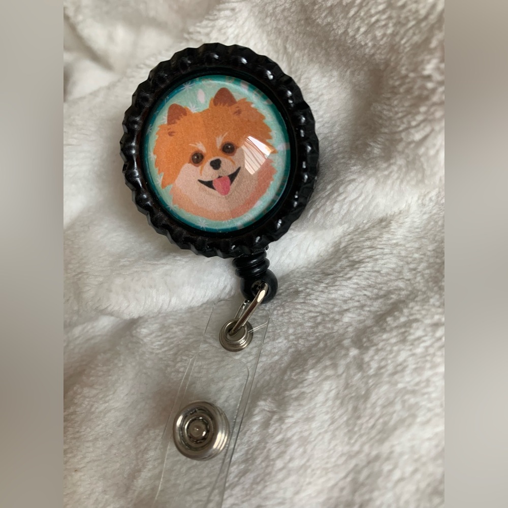 Pomeranian badge reel with belt clip pharmacy / nurse